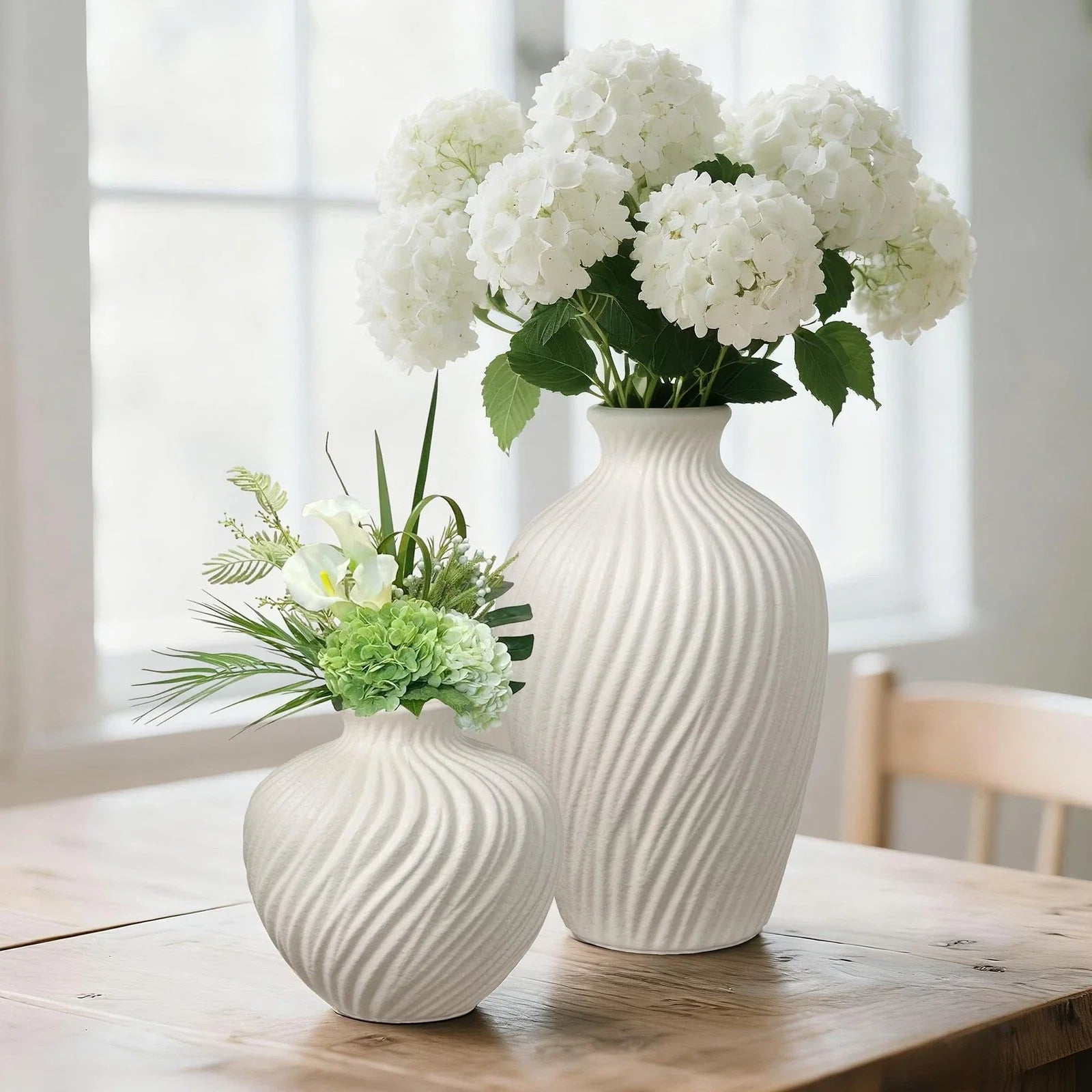 White Ceramic Vase Set of 2 - Modern Flower Vases for Home Decor - Rustic Tex...