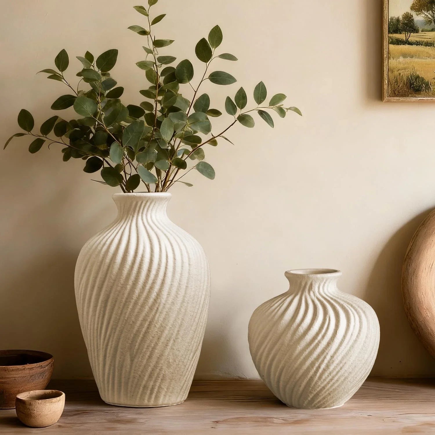 White Ceramic Vase Set of 2 - Modern Flower Vases for Home Decor - Rustic Tex...