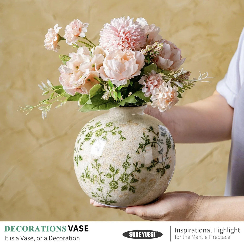 Green and Beige Pastoral Vase, Vintage Round Ceramic Floral Vases, Decorative...