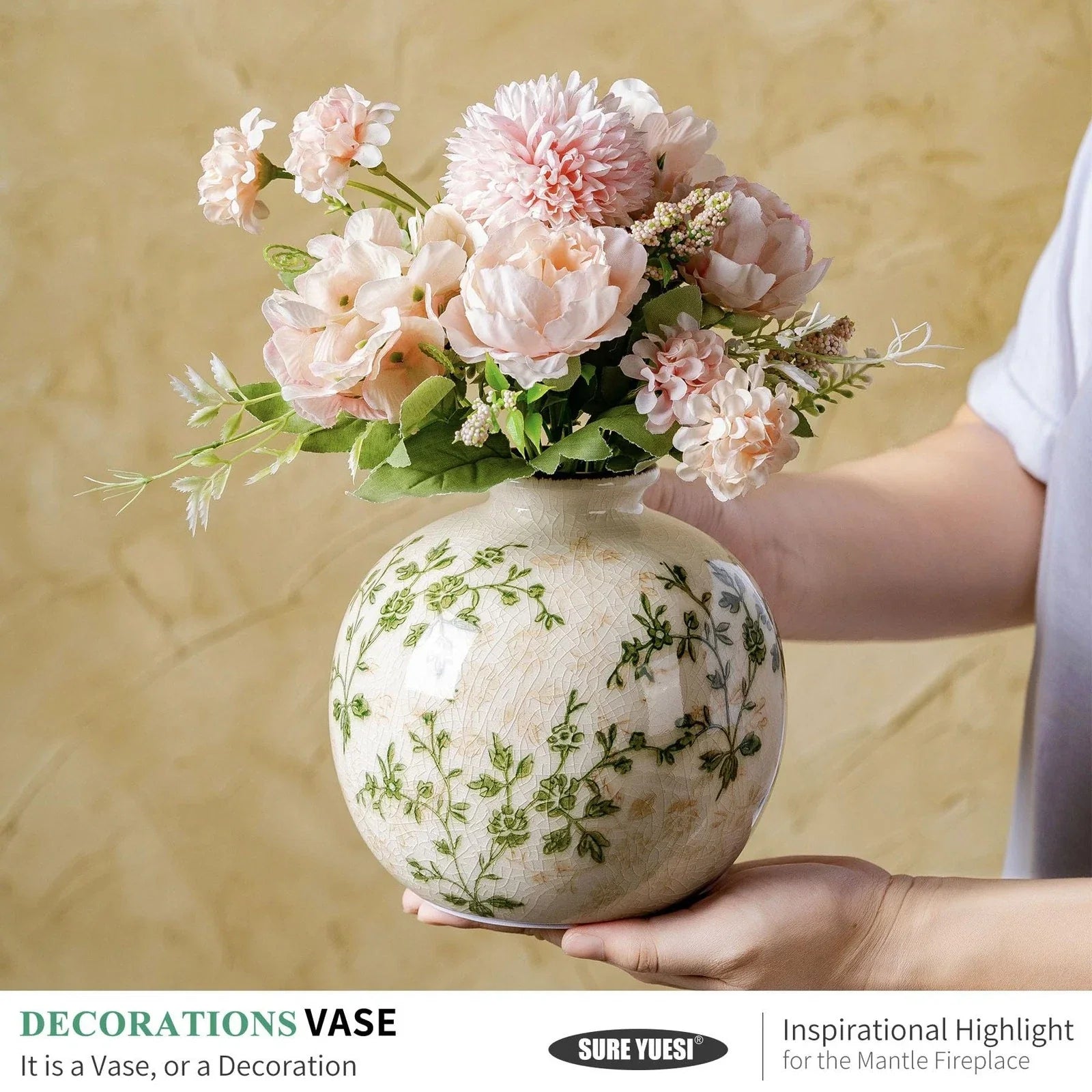 Green and Beige Pastoral Vase, Vintage Round Ceramic Floral Vases, Decorative...