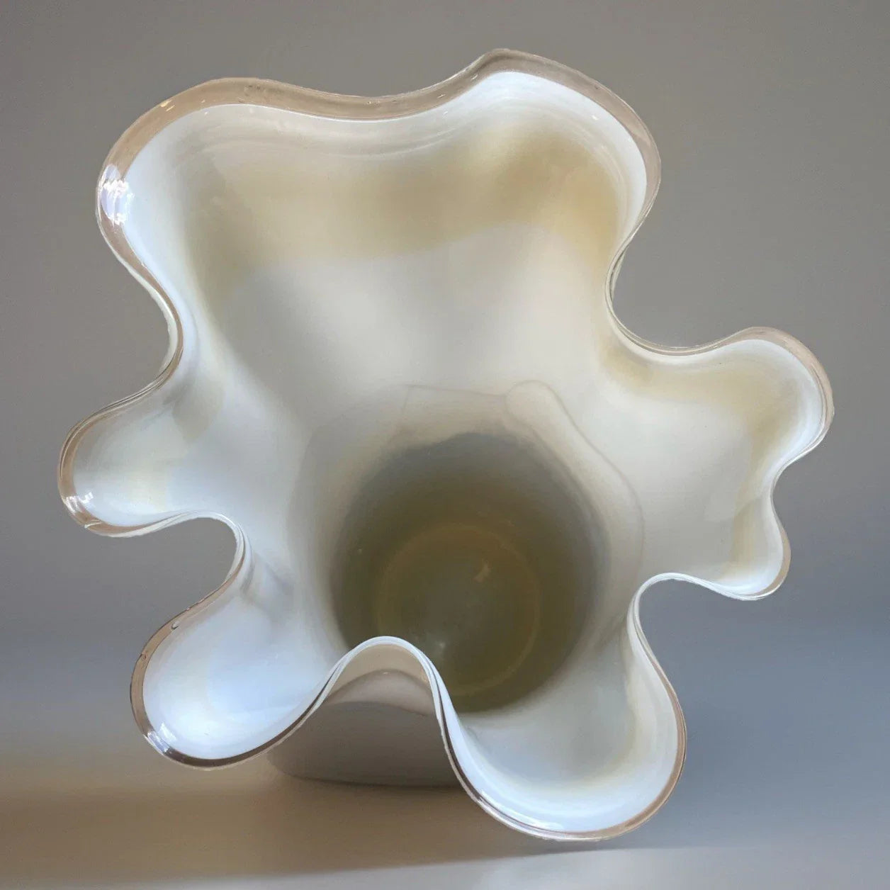 Jozefina Krosno 14” Handkerchief Vase Art Glass Vintage Brown Tan White