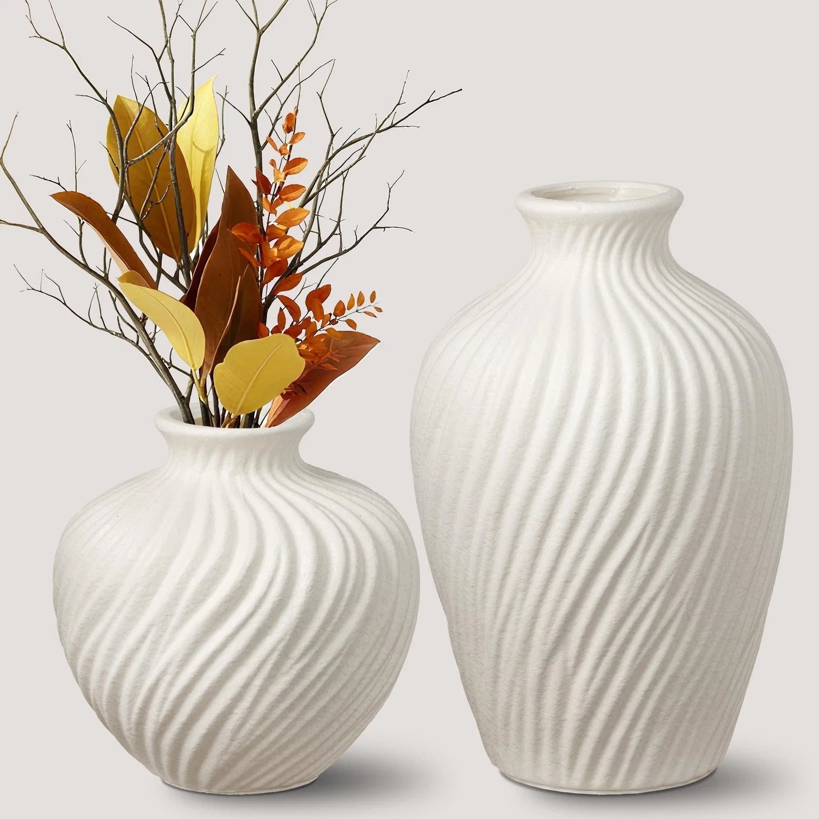 White Ceramic Vase Set of 2 - Modern Flower Vases for Home Decor - Rustic Tex...