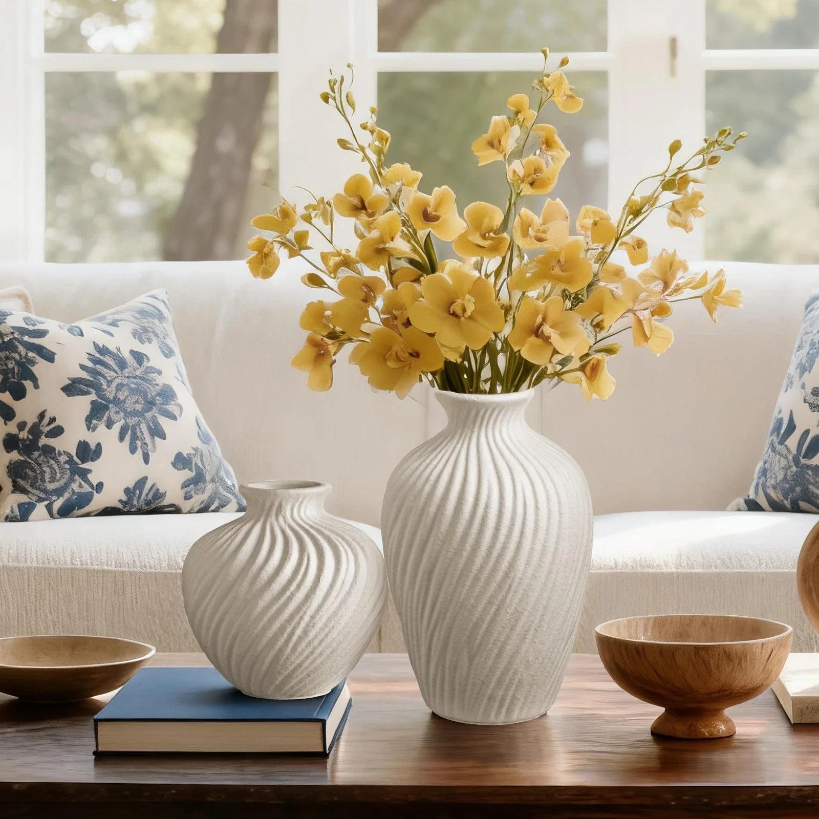 White Ceramic Vase Set of 2 - Modern Flower Vases for Home Decor - Rustic Tex...