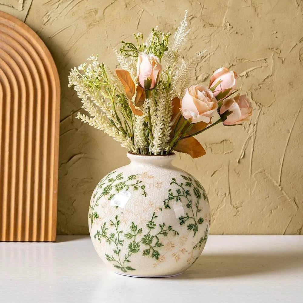 Green and Beige Pastoral Vase, Vintage Round Ceramic Floral Vases, Decorative...